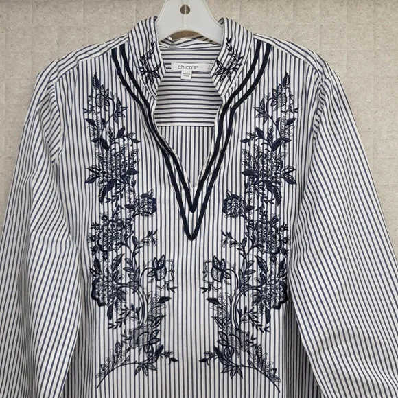Chico's Navy and White Embroidered Striped Tunic Blouse - Picture 2 of 9